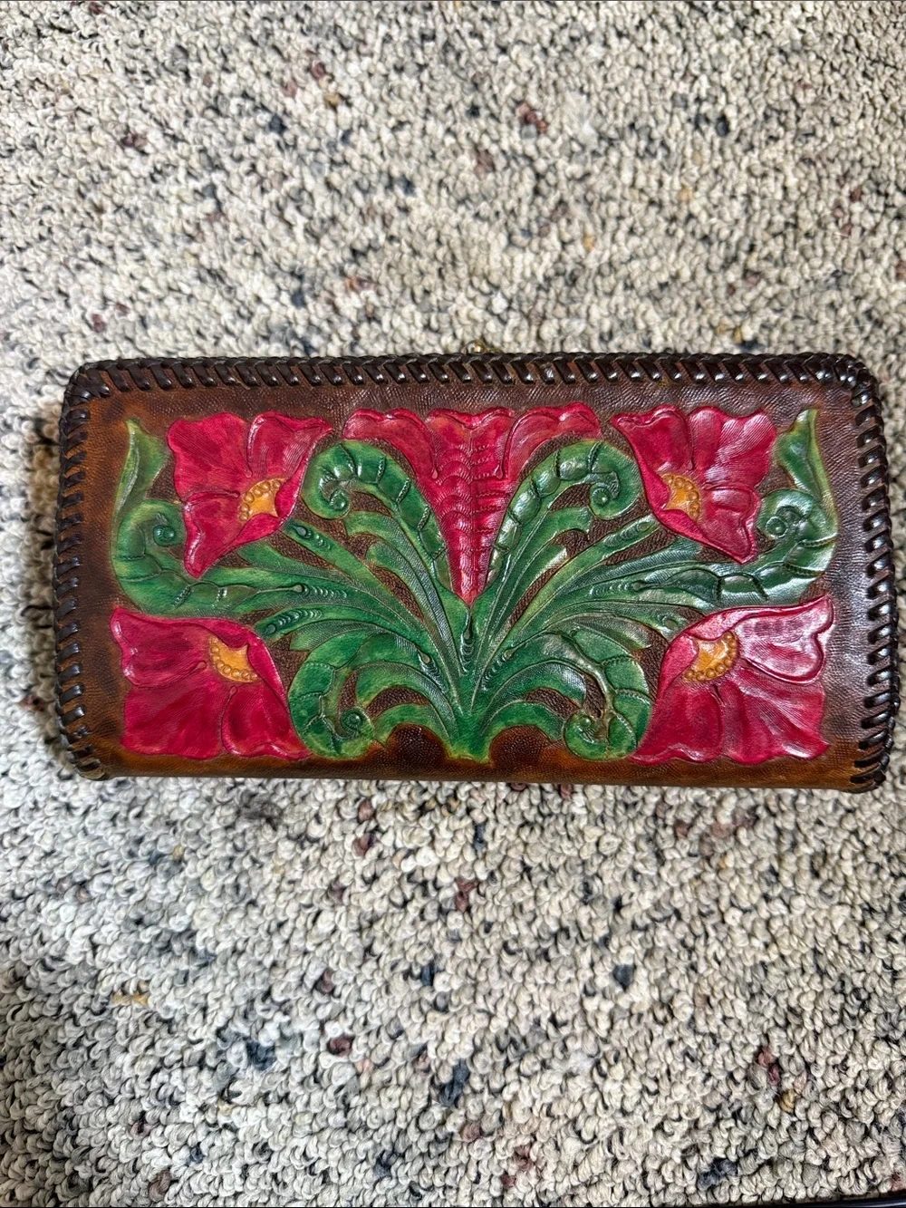 Vintage Hand-Tooled Leather Long Wallet Hand-Painted Red Floral Green Leaf Motif